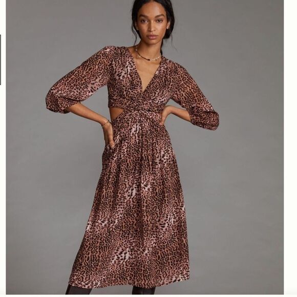 Anthropologie Ranna Gill Leopard Print Cut-out Midi Dress SZ L NWT - Picture 4 of 9